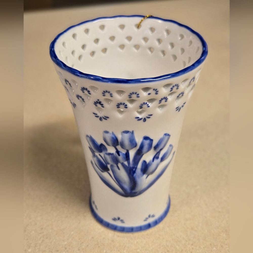 Delftware Blue and White Floral Porcelain Vase Handpainted Holland